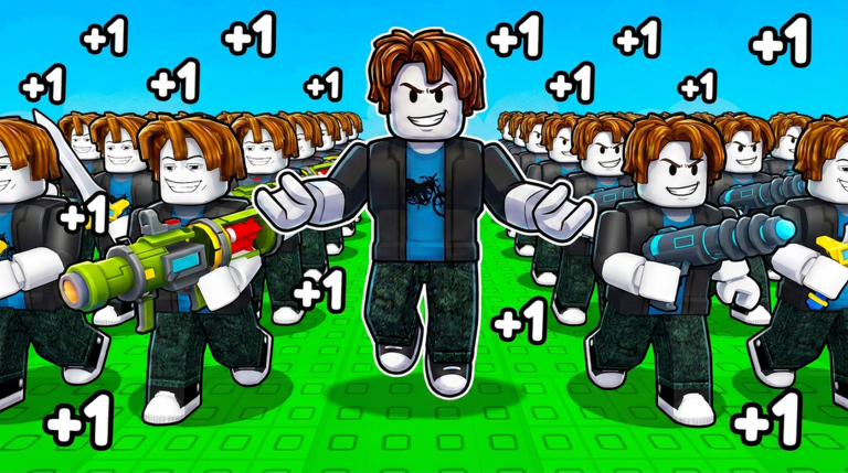 Official +1 Clone Evolution artwork showing a player and clone army on a bright battlefield